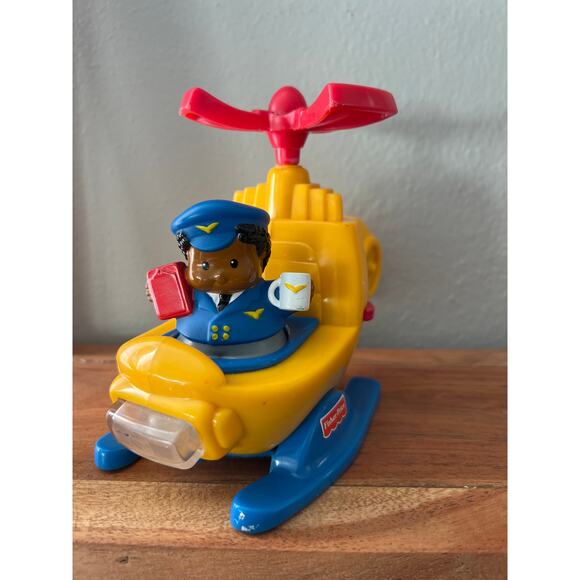 Vintage Fisher-Price Little People Pilot 2009 Yellow Blue Helicopter 2001 Works - Picture 1 of 13